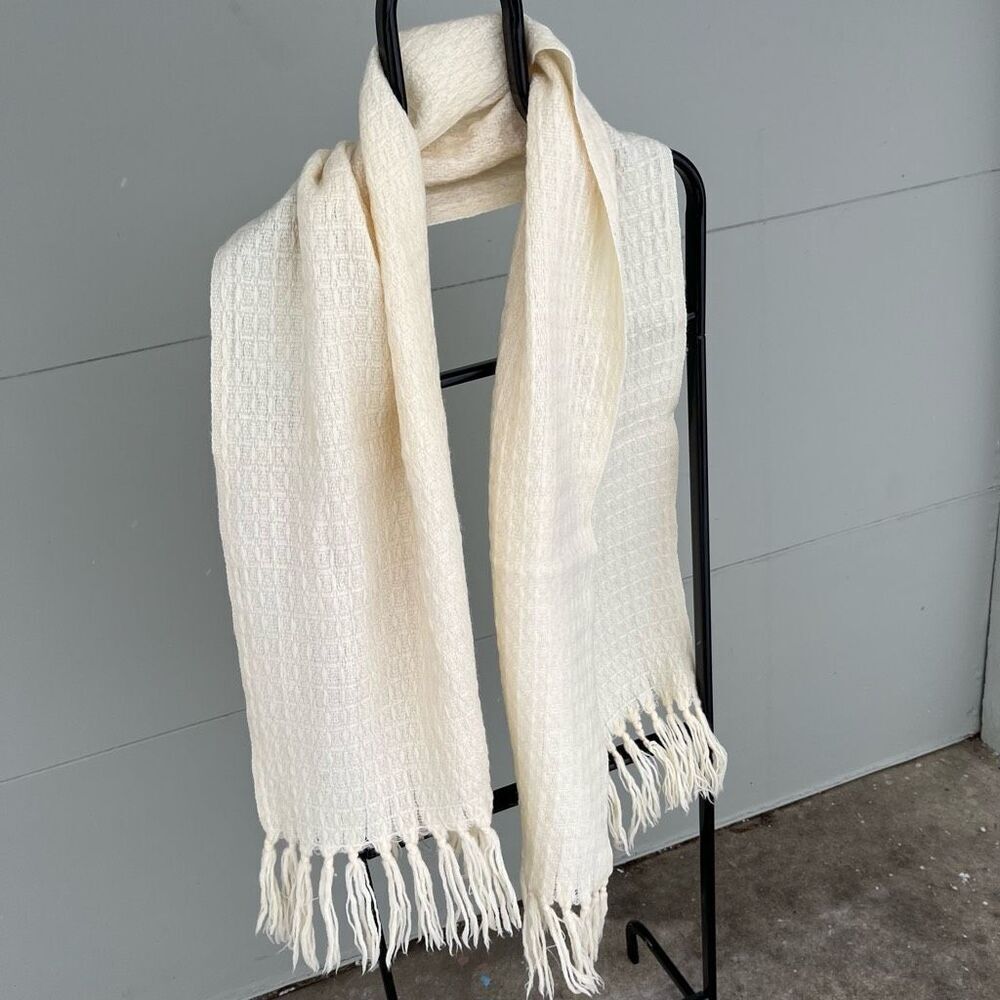 Vintage Cream Wool Woven Fringed Scarf Wrap 71"x18" Boho Chic Cozy Style
